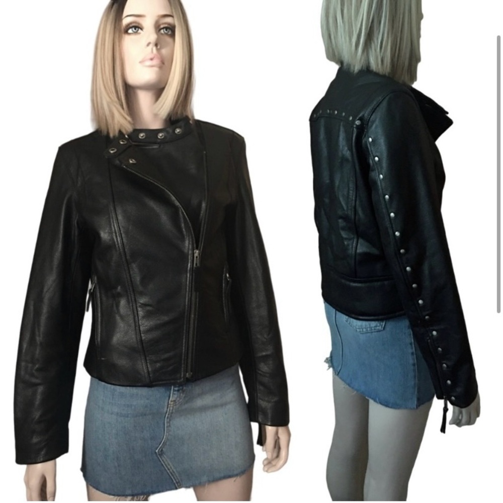 FMC Leather Biker Motorcycle Moto Jacket Removable liner Fringe Zippers  Studded